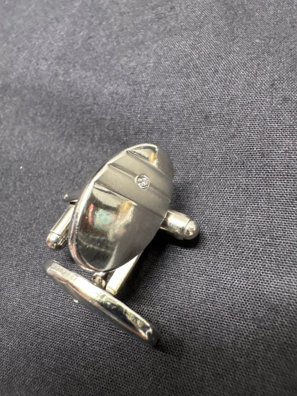 Silver Oval Cufflinks With Textured Back & Single Diamond Accent For Men